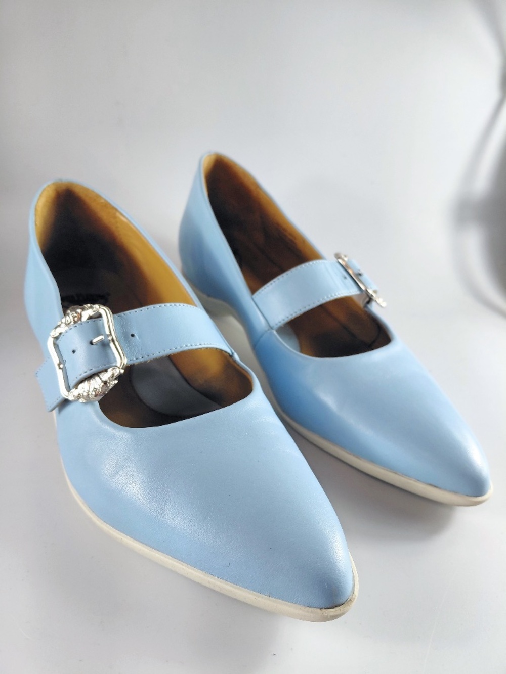 John Fluevog Zeal Blue/White Mary Jane Flats with Silver Buckles Size 7.5